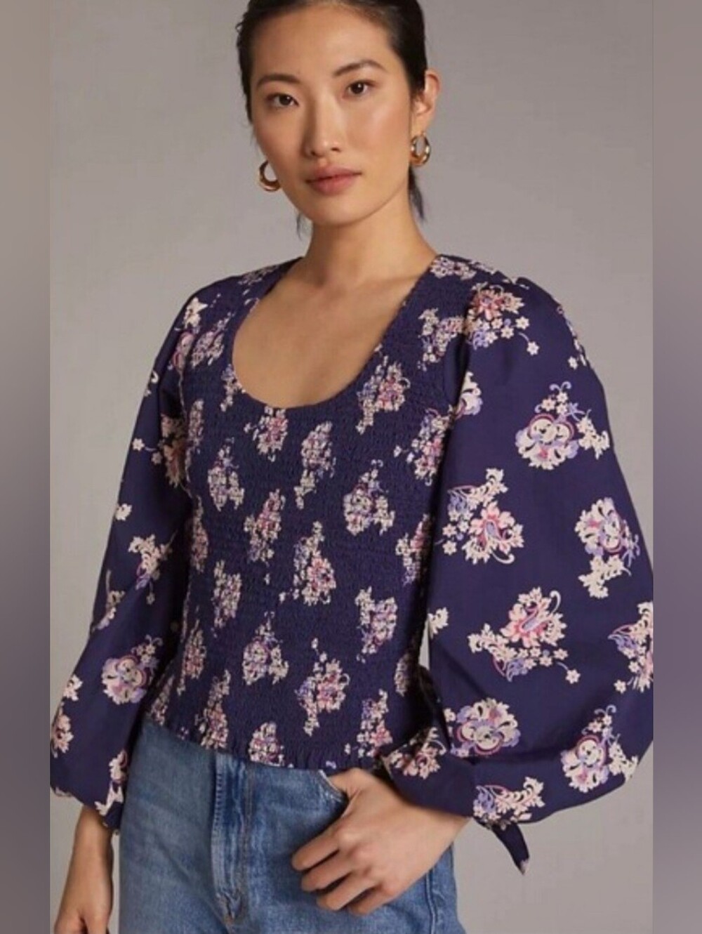 Anthropologie Smocked Ladies Long Sleeve Open Back Top Size M